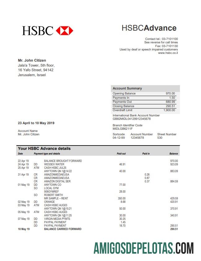 Israel HSBC extrato bancário amostra